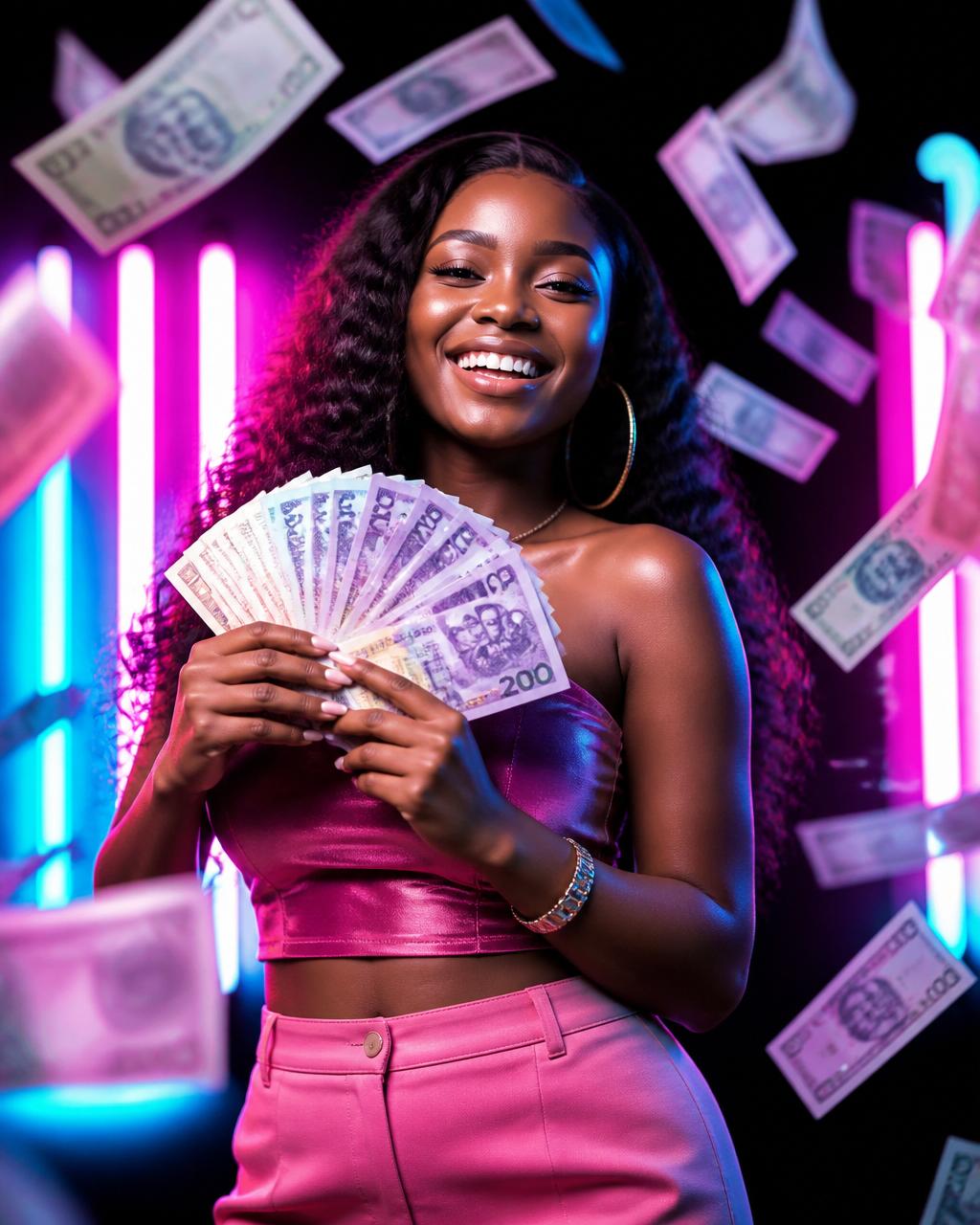 Woman smiling with cash — build a faceless TikTok business